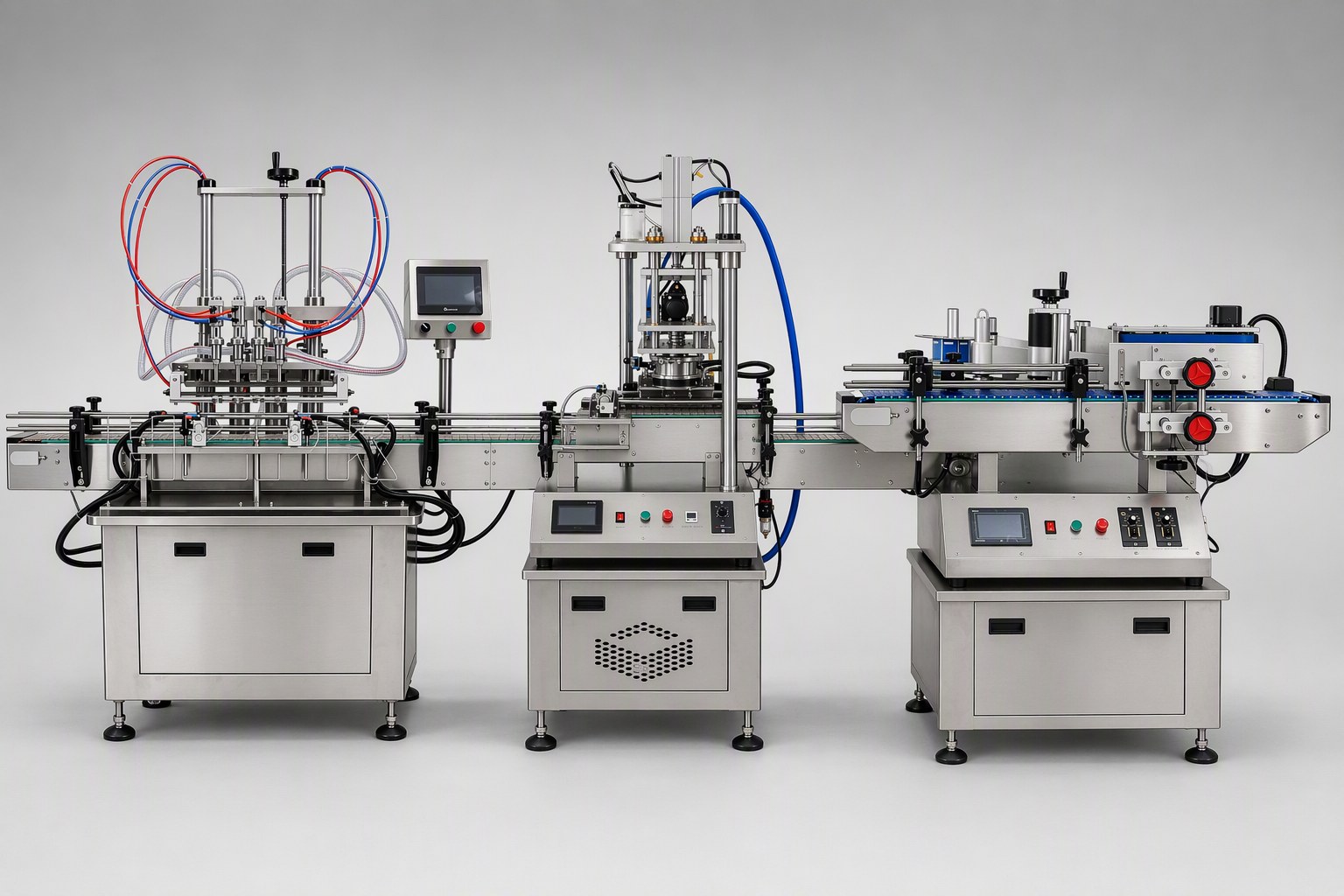 Liquid bottling line: multi-nozzle filling machine, screw capping machine and round bottle labeling machine connected by one conveyor