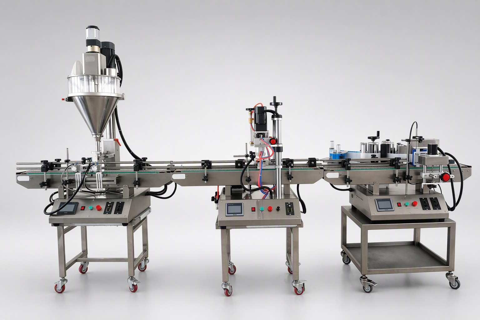 Powder jar line: auger powder filling machine, screw capping machine and round bottle labeling machine connected by one conveyor
