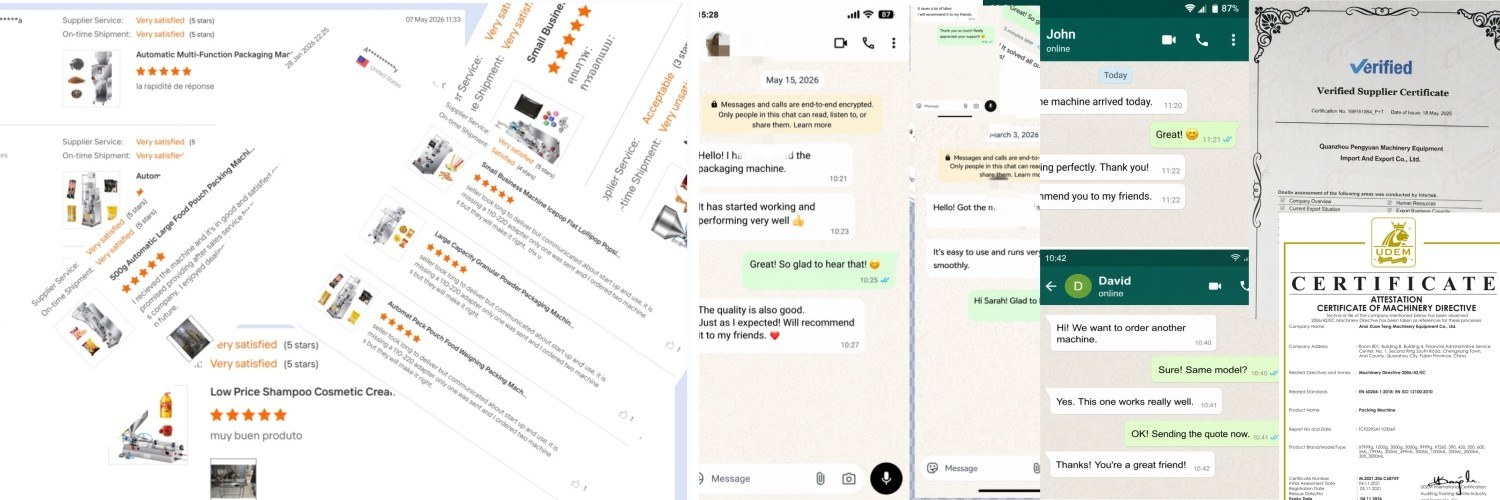 Collage of 5-star order reviews, WhatsApp feedback from buyers, Verified Supplier certificate and CE certificate
