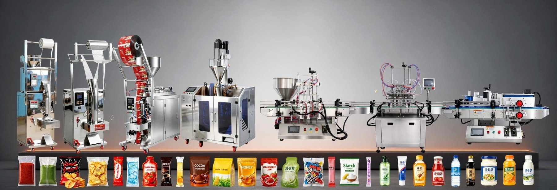 Pengyuan full product lineup: bag packaging machines, filling, capping and labeling lines with packaged sachets, pouches and bottles
