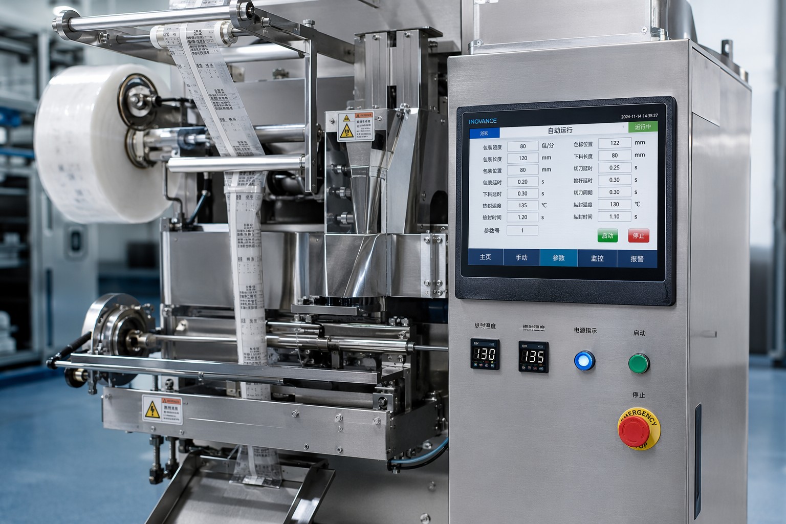 Stainless steel VFFS packaging machine with PLC touchscreen