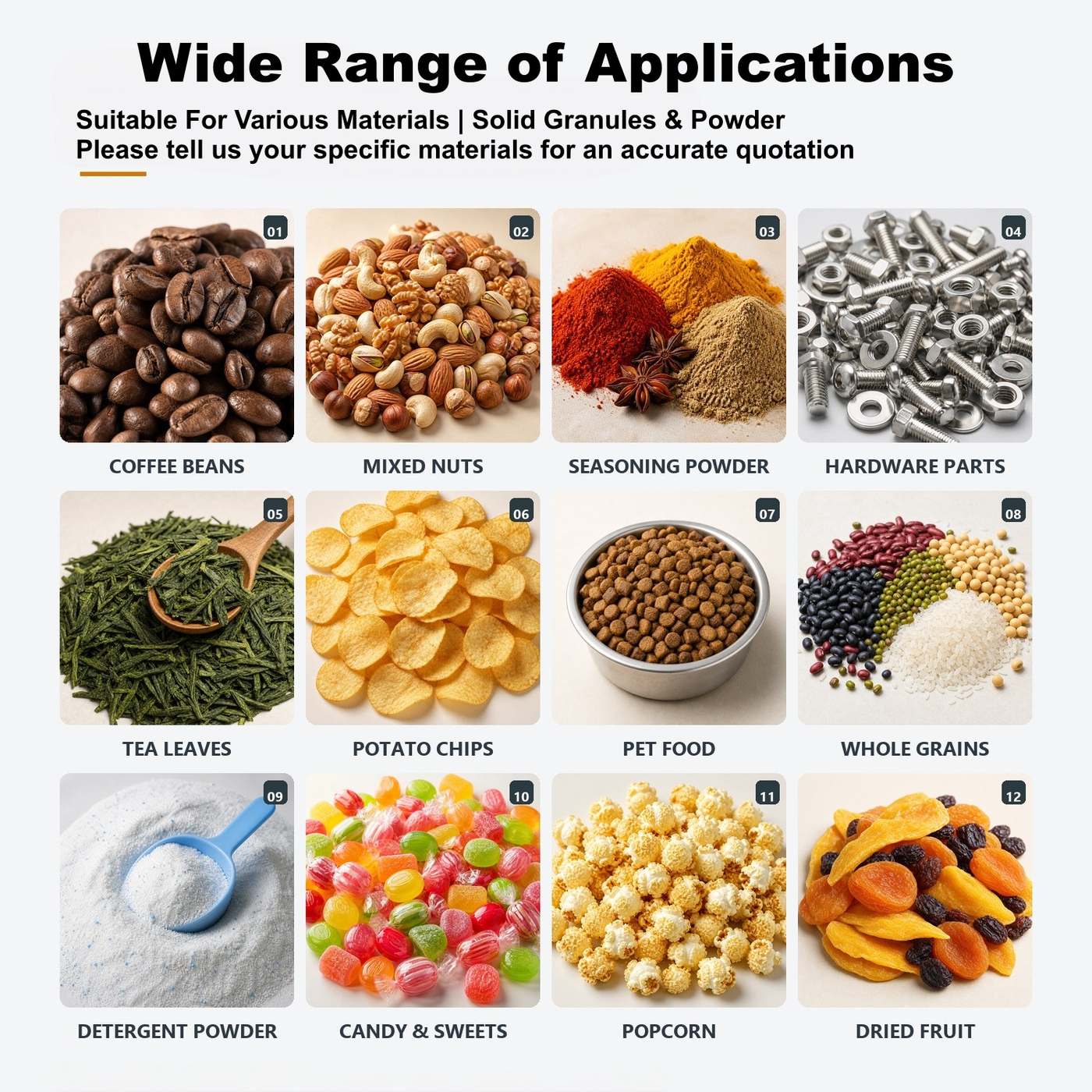 Materials the XT-BZ200 packs: Coffee beans, Mixed nuts, Seasoning powder, Hardware parts, Tea leaves, Potato chips and more