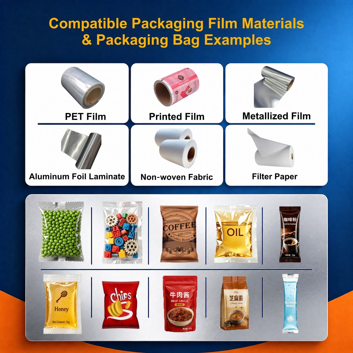 Films the XT-BZ200 runs (PET film, Printed film, Metallized film, Aluminum foil laminate, Non-woven fabric, Filter paper) and example finished bags