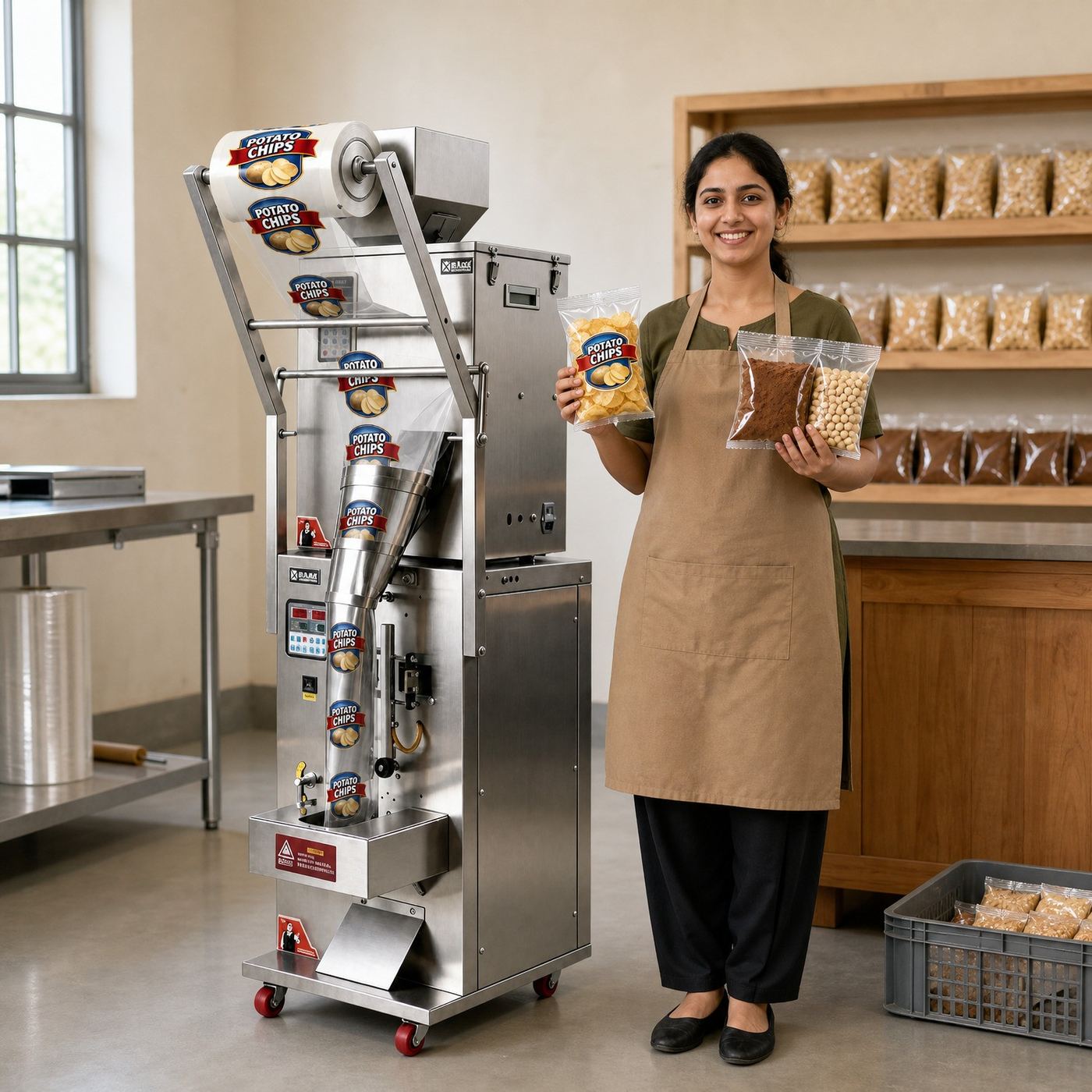 XT-BZ200 granule packaging machine in a small snack shop, operator holding finished bags of chips, cocoa powder and nuts