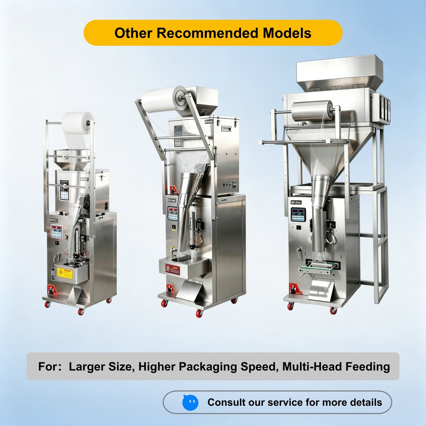 Larger granule packaging machines with bigger hoppers and multi-head feeding for higher output