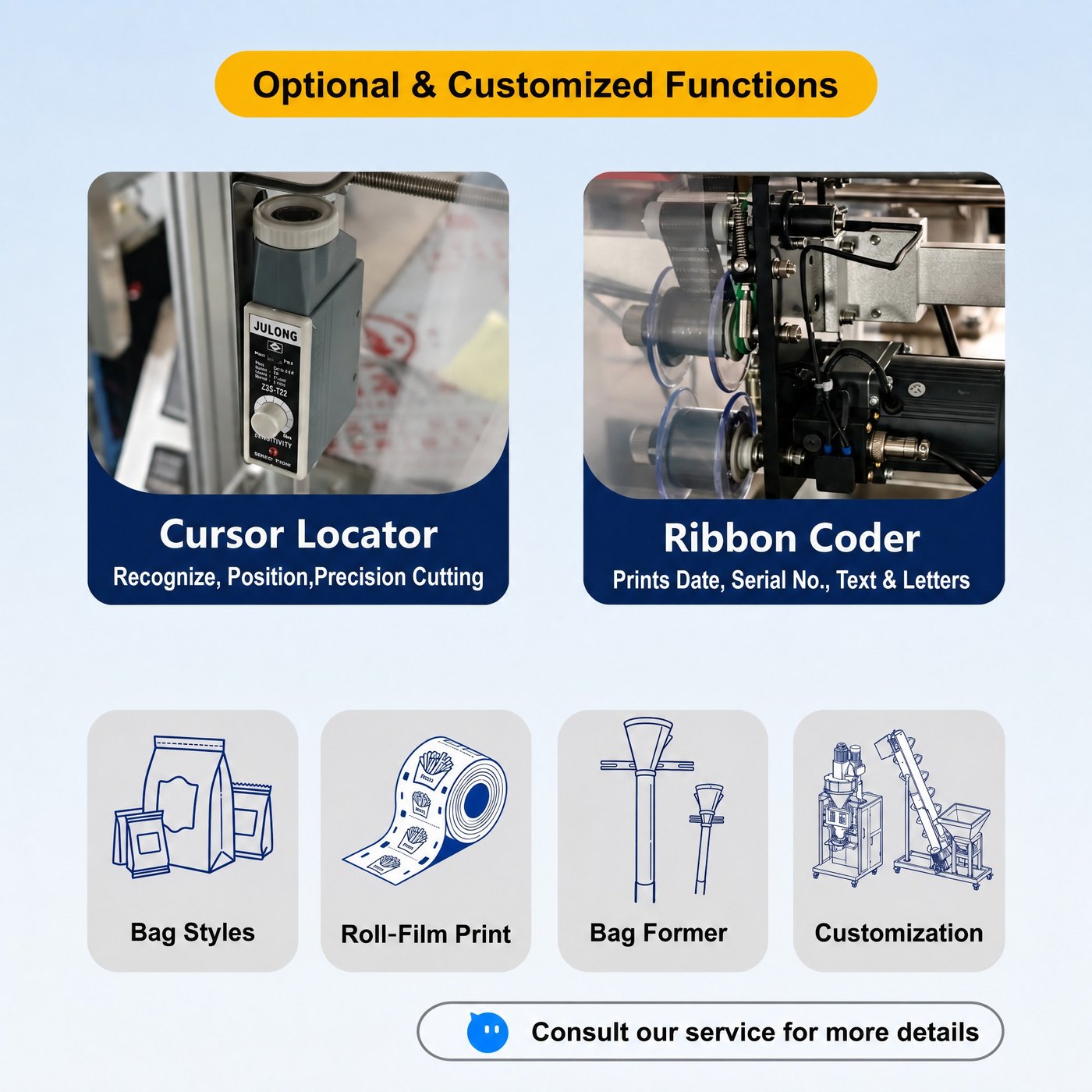 Optional functions for the XT-BZ200: cursor locator, ribbon date coder, bag styles, roll-film print, bag formers, customization